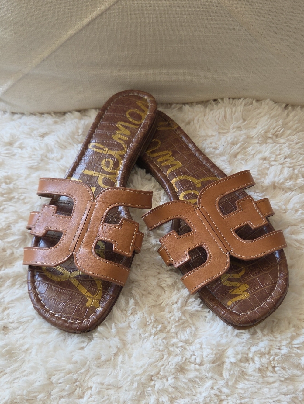 Sam Edelman Tan Leather Cutout Slide Sandals